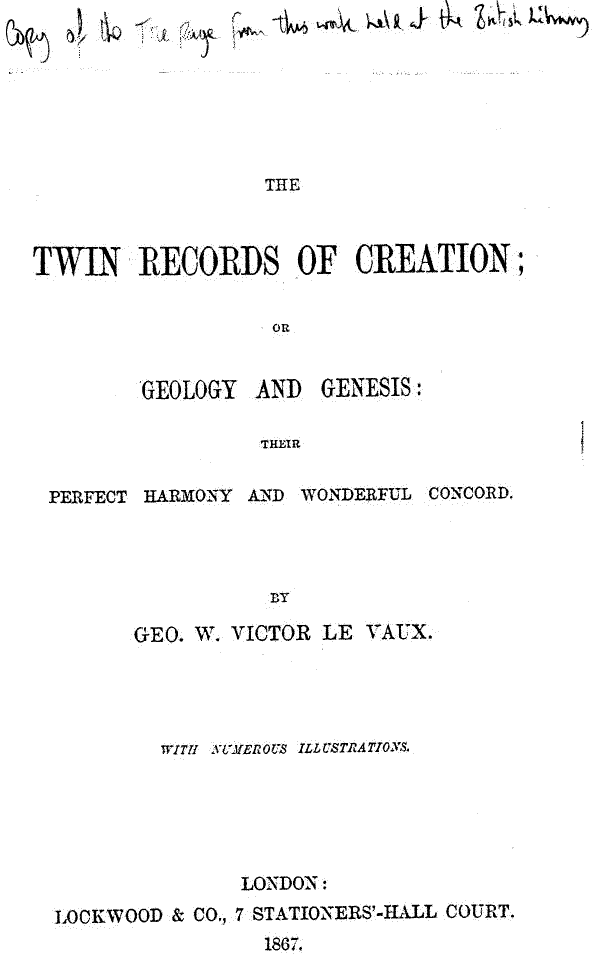 Title page to Twin Records of Creation by George Victor Le Vaux   (18K)